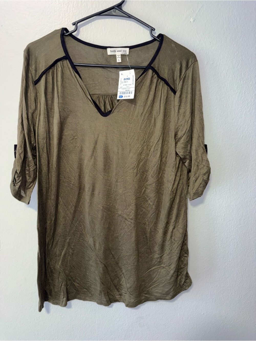 Faith and Joy Olive Green V-Neck Roll Sleeve Tunic with Black Trim